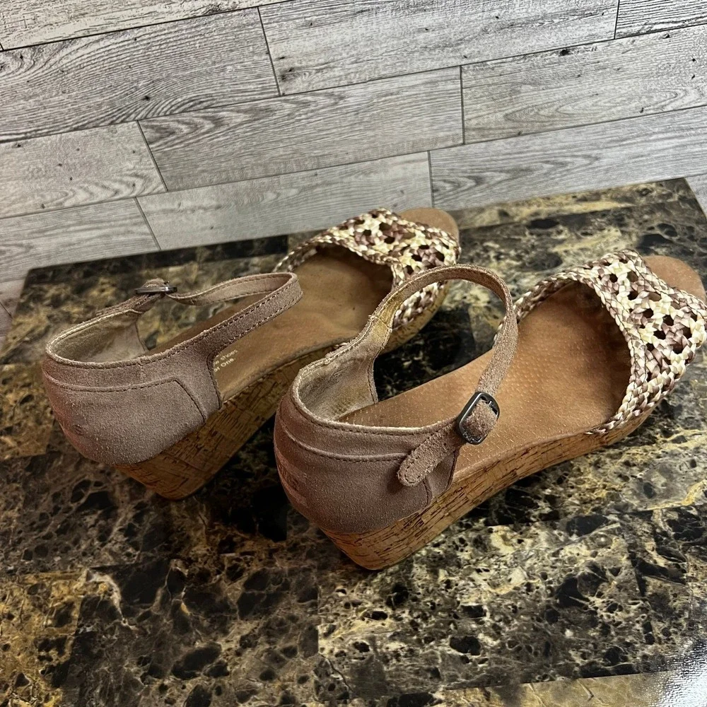 TOMS Platform Wedge Tan Stucco‎ Suede Woven Open Toe Cork Sandals Womens US 8